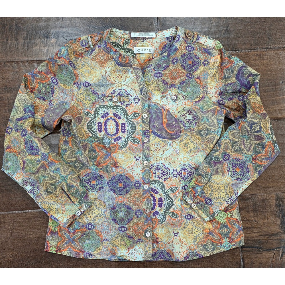 Y2K Whimsigoth Boho chic Orvis Mosaic Paisley Button Down Shirt womens size 6